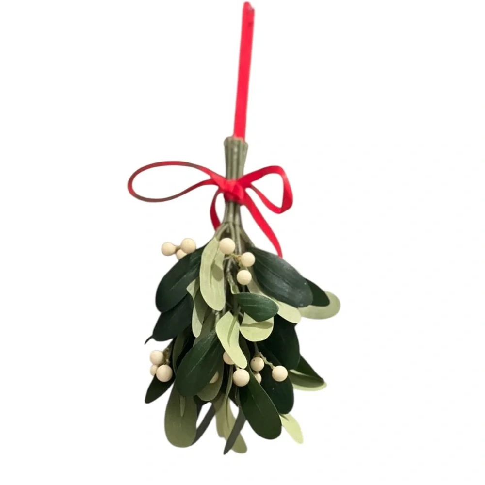 Crate & Barrel Faux Green Mistletoe set with Red Ribbon Accents- Set of 3